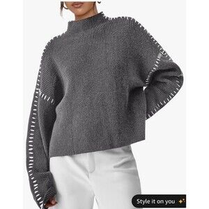 Women's Chunky Knit Sweaters 2026 spring Fall Long Sleeve Mock Neck gray XXL